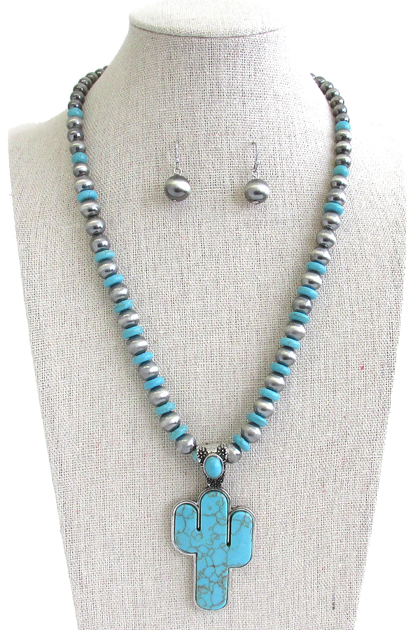 TURQUOISE CACTUS PENDANT AND NAVAJO PEARL CHAIN NECKLACE