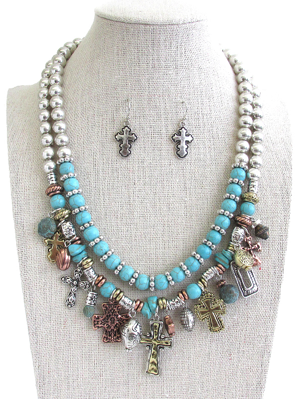 MULTI CROSS CHARM AND TURQUOISE CHUNKY DOUBLE LAYER NECKLACE