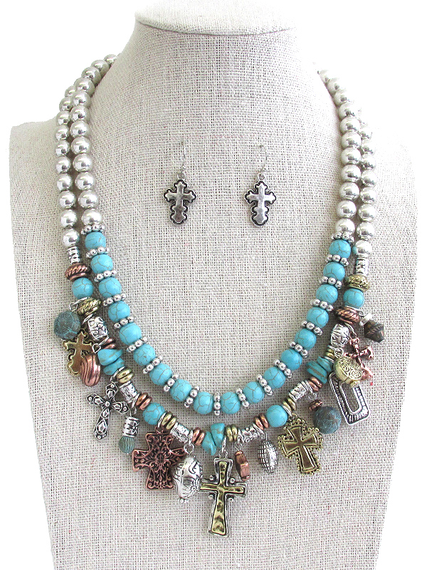 Multi cross charm and turquoise chunky double layer necklace