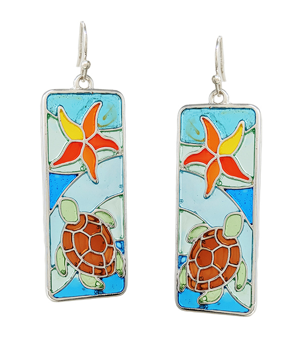 SEALIFE THEME STAINED GLASS WINDOW INSPIRED MOSAIC EARRING - TURTLE AND STARFISH