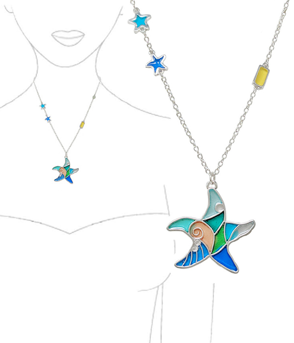 SEALIFE THEME STAINED GLASS WINDOW INSPIRED MOSAIC PENDANT NECKLACE - STARFISH
