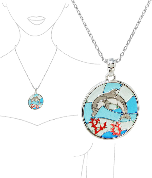 SEALIFE THEME STAINED GLASS WINDOW INSPIRED MOSAIC PENDANT NECKLACE - DOLPHIN