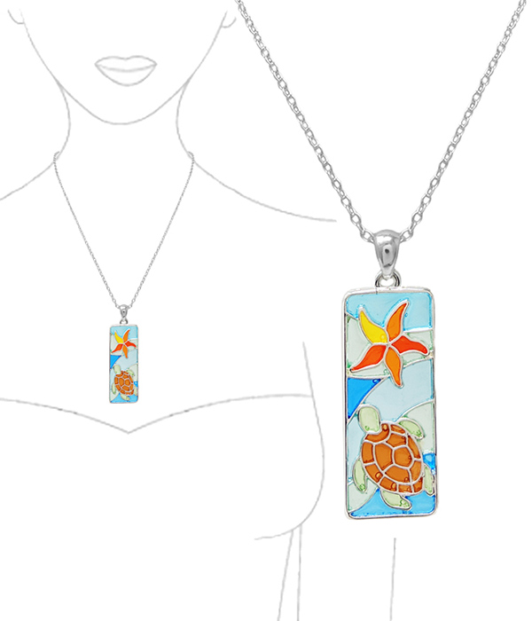 SEALIFE THEME STAINED GLASS WINDOW INSPIRED MOSAIC PENDANT NECKLACE - TURTLE AND STARFISH