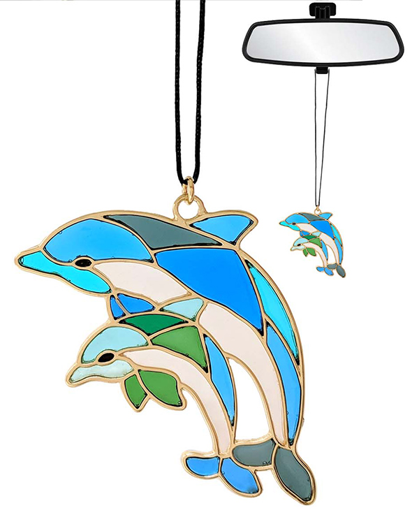 SEALIFE THEME STAINED GLASS WINDOW INSPIRED MOSAIC CAR PENDANT - DOLPHIN