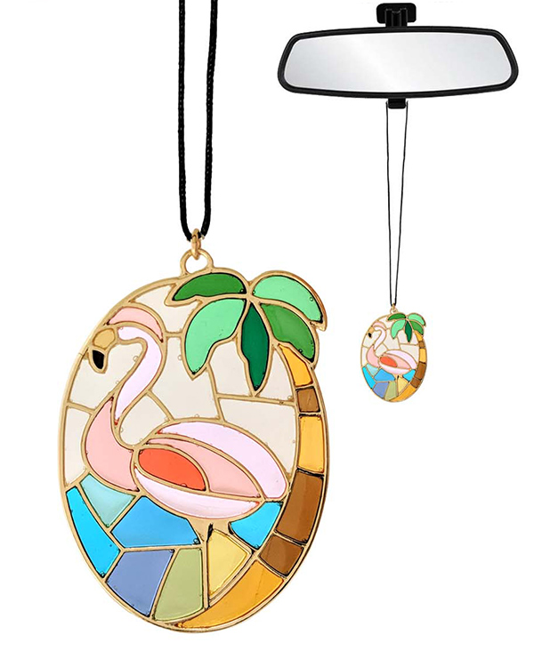 TROPICAL THEME STAINED GLASS WINDOW INSPIRED MOSAIC CAR PENDANT - FLAMINGO