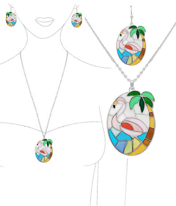 TROPICAL THEME STAINED GLASS WINDOW INSPIRED MOSAIC PENDANT NECKLACE SET - FLAMINGO
