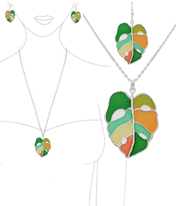 TROPICAL THEME STAINED GLASS WINDOW INSPIRED MOSAIC PENDANT NECKLACE SET - MONSTERA GIANT LEAF