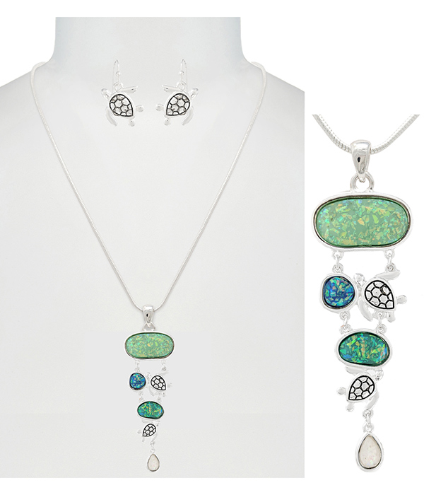 Sealife theme opal mix drop pendant necklace set - turtle