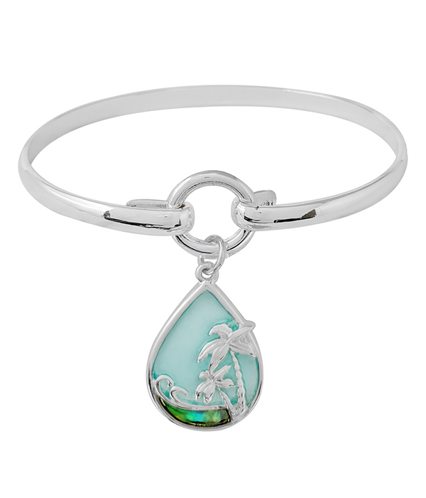 TROPICAL THEME ABALONE CHARM BANGLE BRACELET - PALM TREE