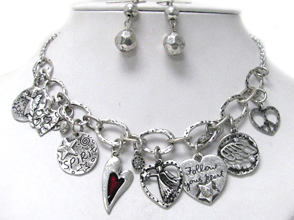 Angel theme and message on multi charm drop necklace earring set