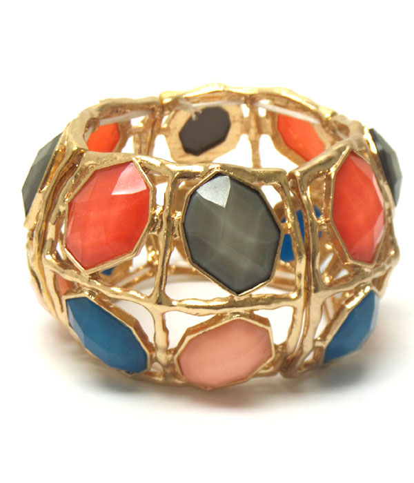 Facet acrylic stone and liquid metal frame double stretch bracelet