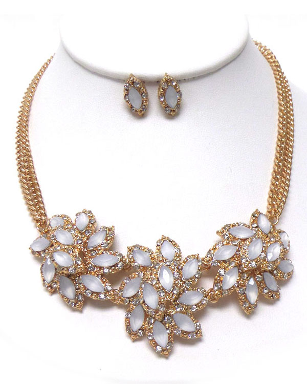 Luxury crystal and acrylic stone triple flower necklace earring set