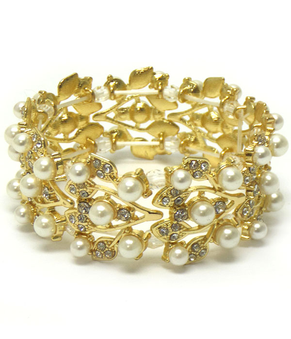 Crystal and pearl mix leaf stretch bracelet