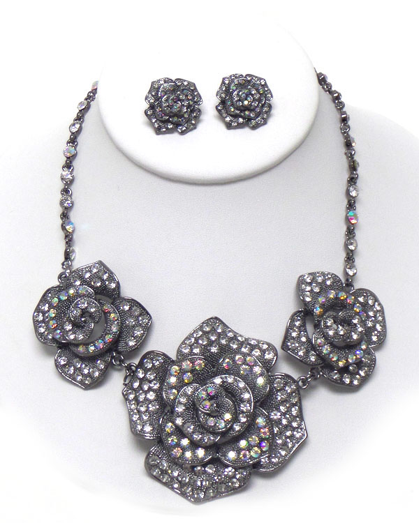 Luxury austrian crystal deco triple rose necklace earring set