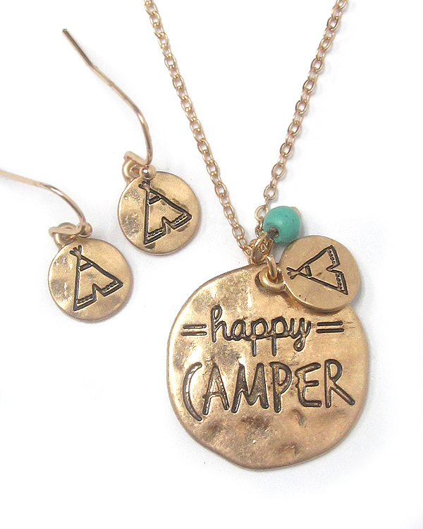 Southern country style hammered disk pendant necklace set - happy camper