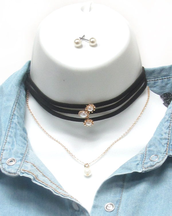 Pearl drop four layer leather and fine chain choker necklace set