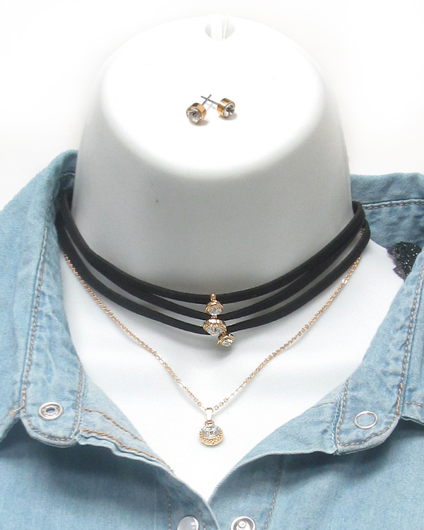 Crystal drop four layer leather and fine chain choker necklace set