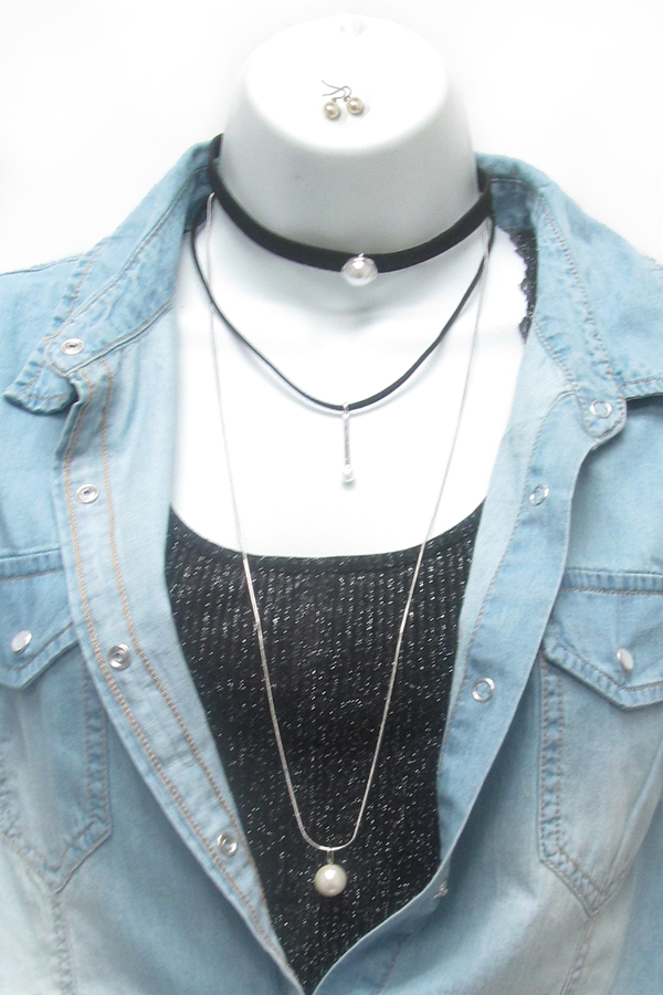 Pearl drop 3 layer long chain and leather choker necklace set