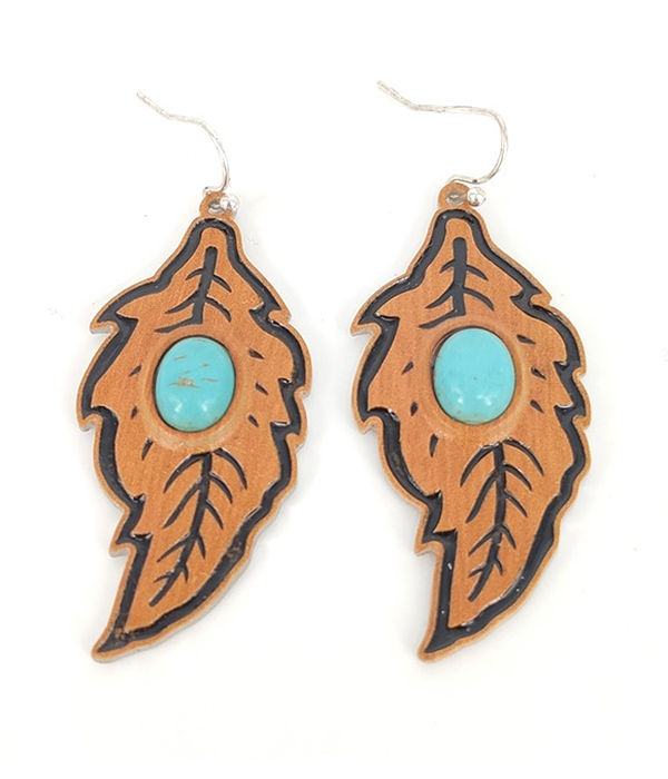 TURQUOISE CENTER WOOD LEAF EARRING
