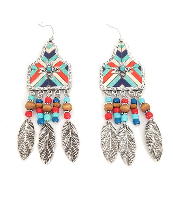 AZTEC PATTERN FEATHER DROP EARRING