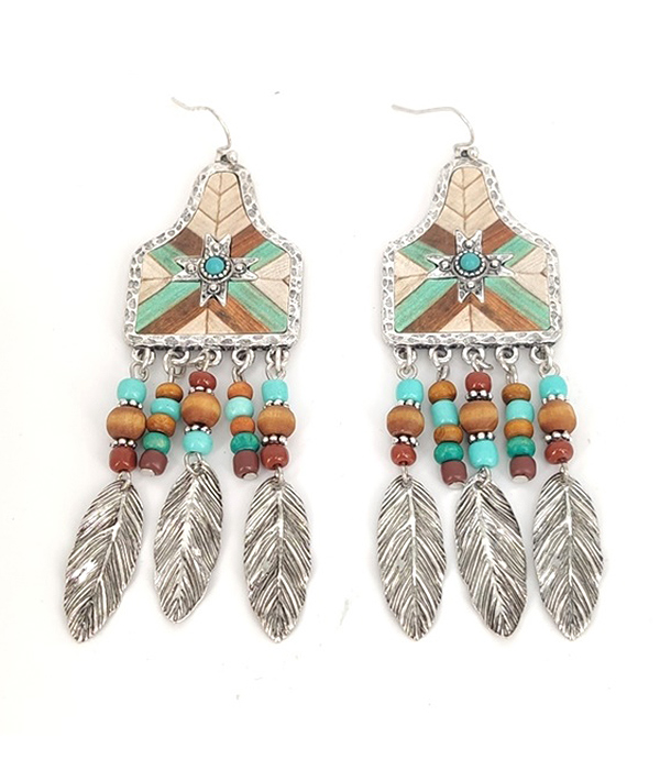 AZTEC PATTERN FEATHER DROP EARRING