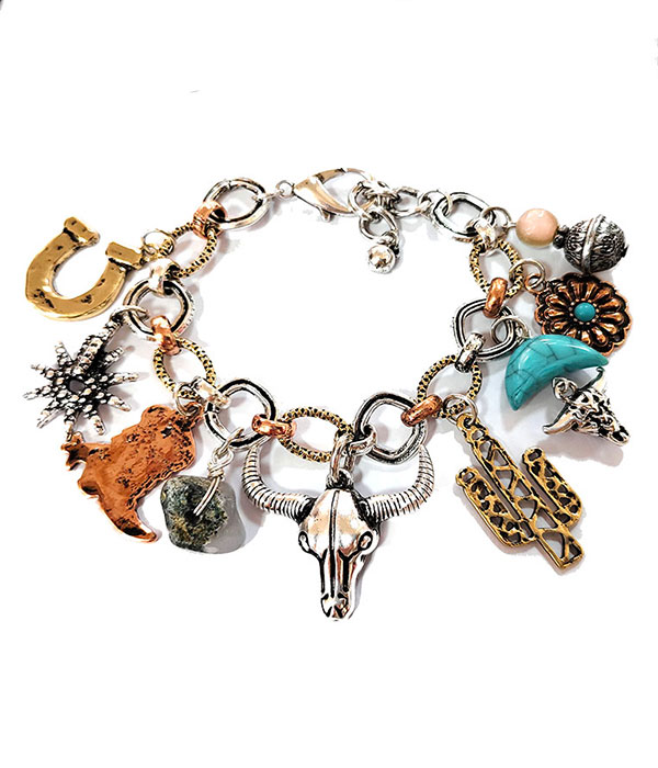 Western theme multi charm bracelet - longhorn