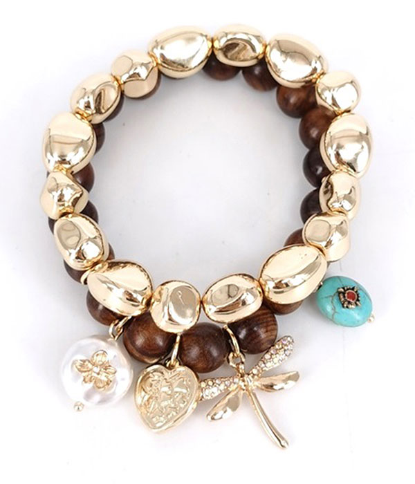 Dragonfly charm and mix bead double stretch bracelet