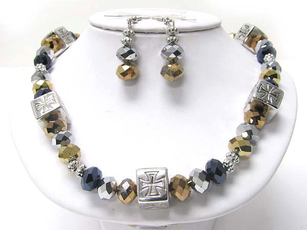 Facet metallic stone and metal cube necklace earring set