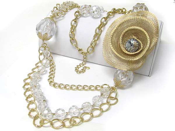 Crystal stud metal wire swirl accent long chain link necklace earring set 