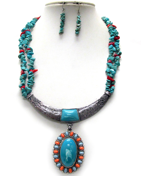 Marble oval pandent natural stone chip double strands necklace and earring set