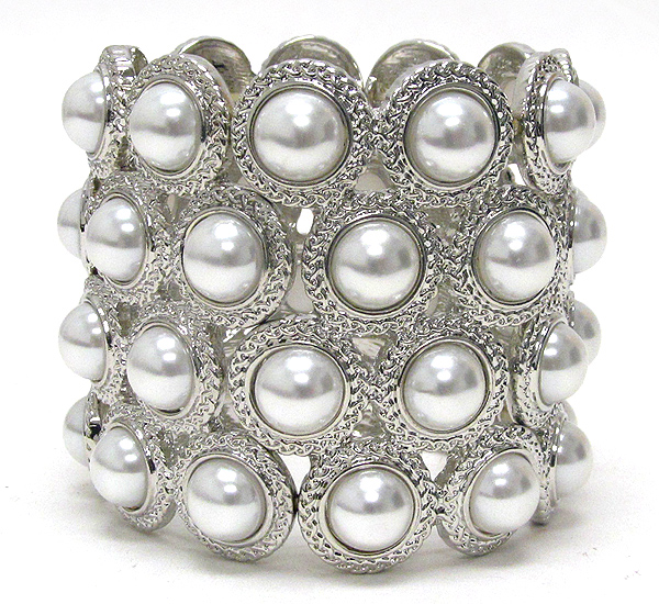Multi pearl stone round disk stretch bracelet