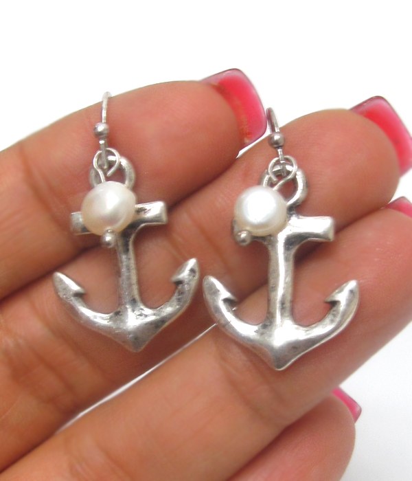 Southern country style anchor pearl metal earrings