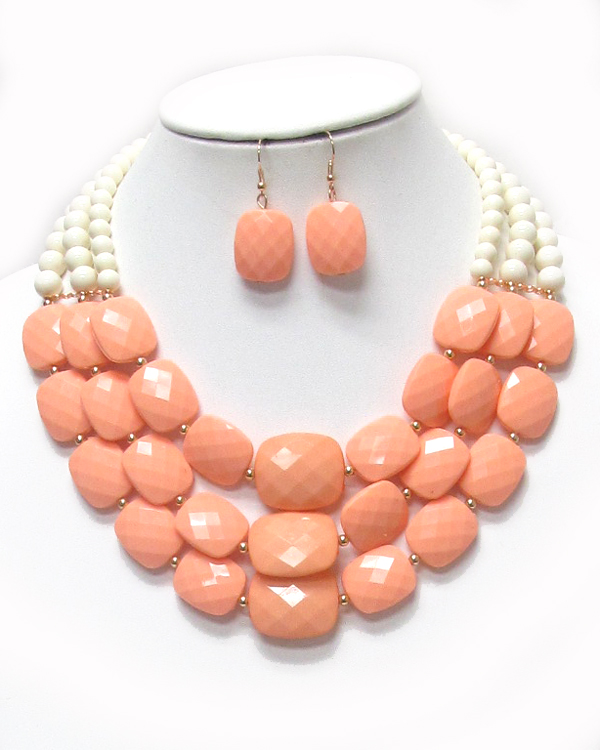 Multi facet acrylic stone link 3 layered necklace earring set