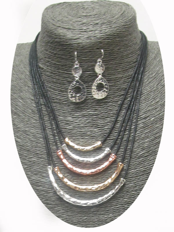 Multi layer metal tube and cord necklace set