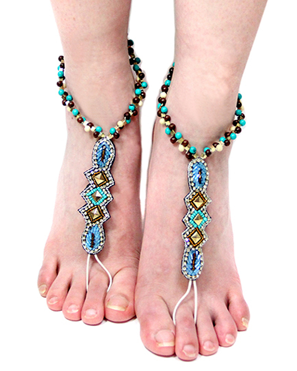 Multi crystal and seed beads barefoot sandal anklet - one pair