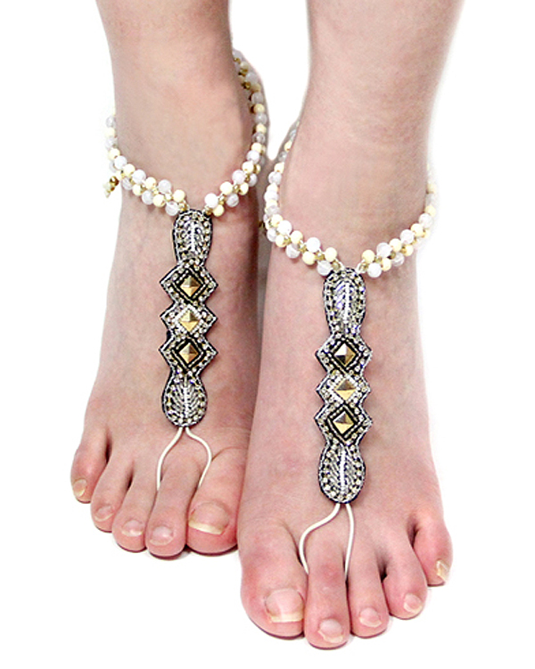 Multi crystal and seed beads barefoot sandal anklet - one pair