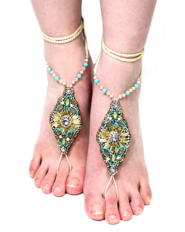 Multi crystal and seed beads barefoot sandal anklet - one pair