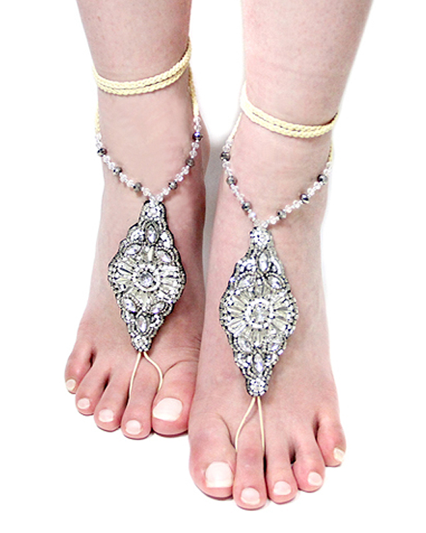 Multi crystal and seed beads barefoot sandal anklet - one pair