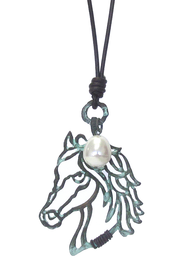 LARGE METAL FILIGREE PENDANT LONG LEATHER CHAIN NECKLACE - HORSE