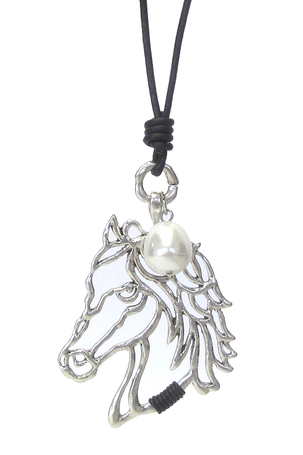 LARGE METAL FILIGREE PENDANT LONG LEATHER CHAIN NECKLACE - HORSE