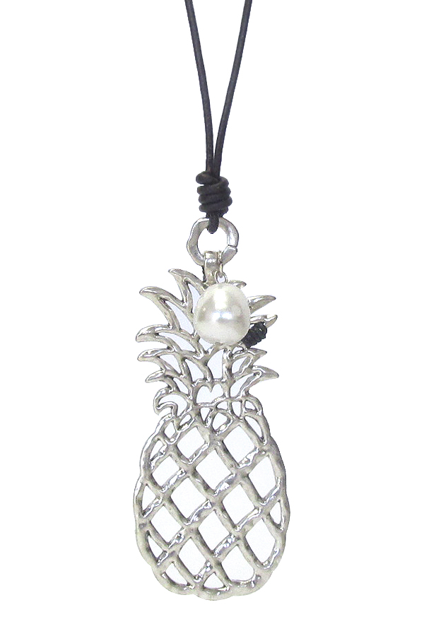 LARGE METAL FILIGREE PENDANT LONG LEATHER CHAIN NECKLACE - PINEAPPLE