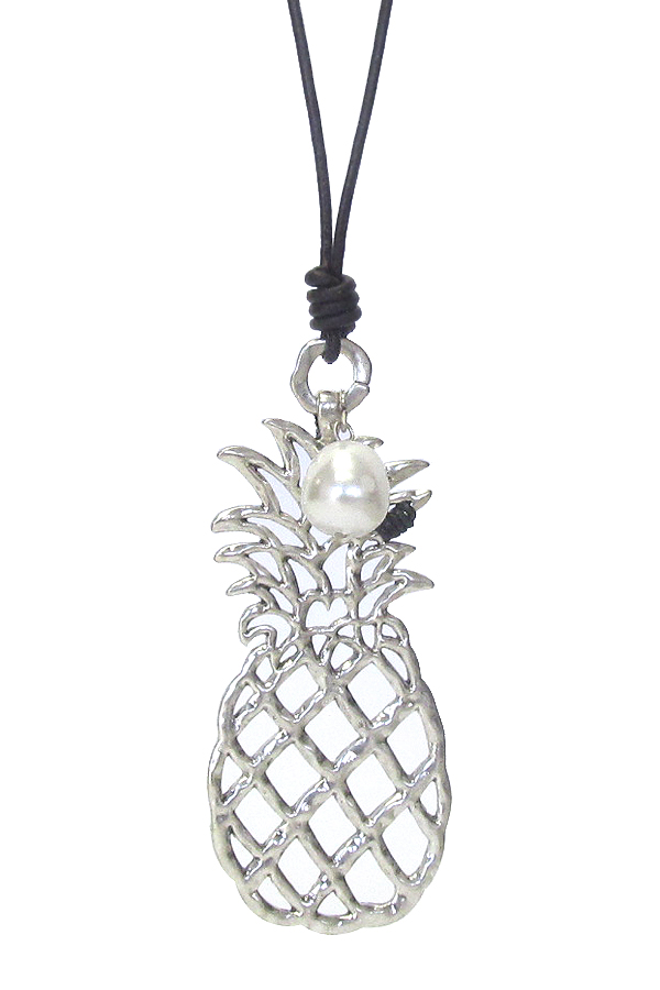 Large metal filigree pendant long leather chain necklace - pineapple