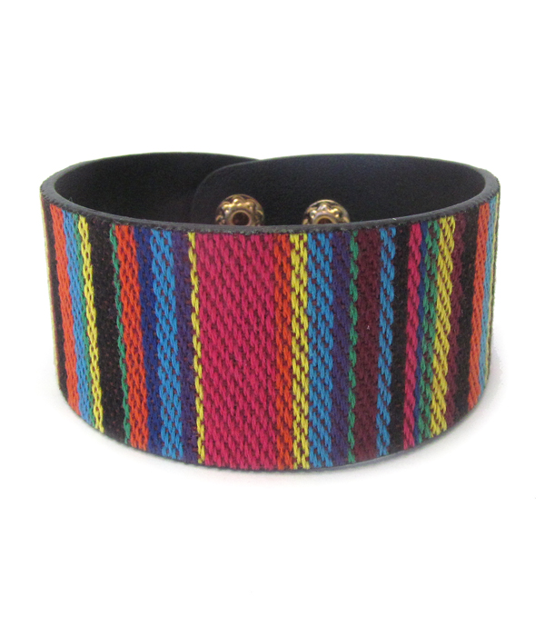 Multi color stitch and faux leather button bracelet