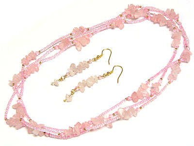 Natural stone and seed beads long necklace and earring set