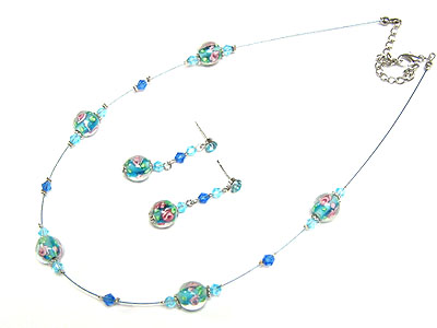 Flower marble and beads necklace and earring set 