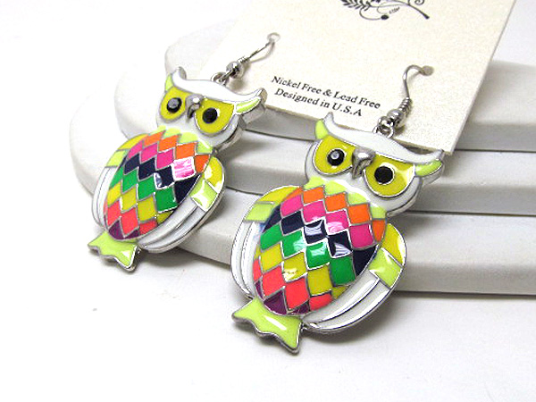 Crystal eyes and colorful epoxy body owl drop earring