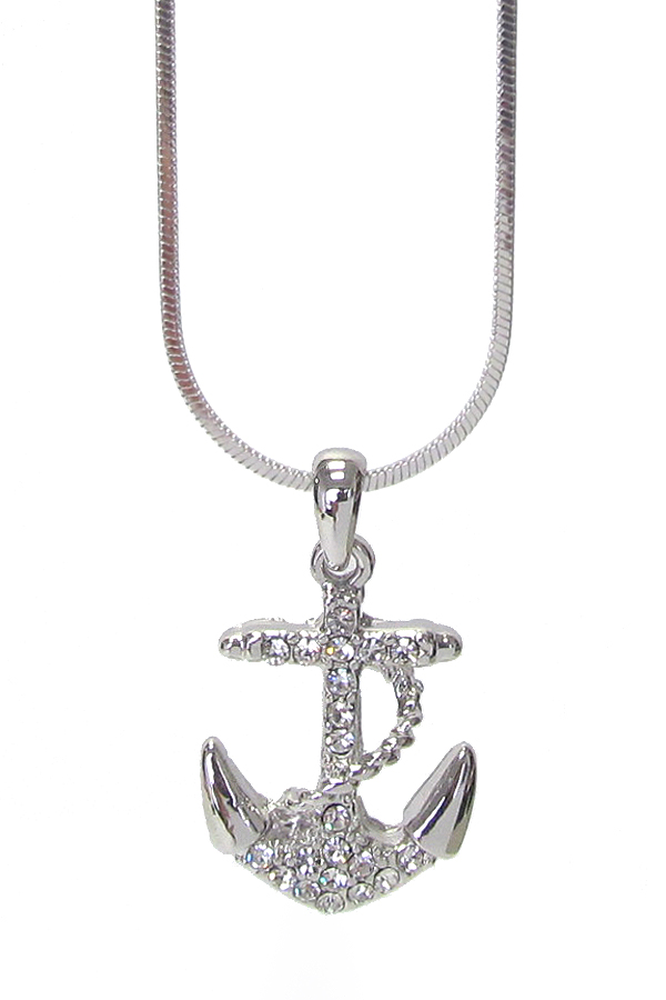 WHITEGOLD PLATING CRYSTAL ANCHOR PENDANT NECKLACE