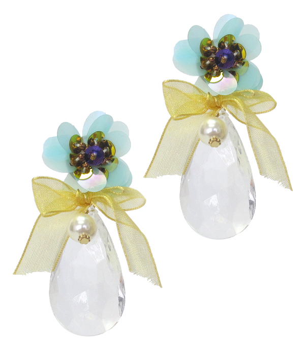 FLOWER AND FACET TEARDROP STONE DROP EARRING