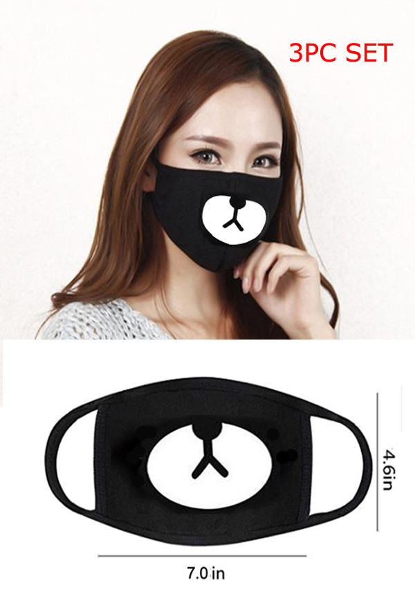 Bear mouth washable reusable breathable cotton face mask - cotton 96% spandex 4% (3pc set)