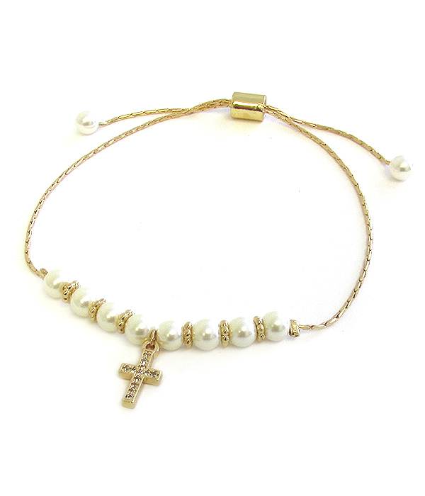 PEARL AND CZ CROSS PULL TIE BRACELET